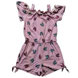 One Step Up Romper‎ French Bulldog Print Cold Shoulder Pink Size S (7/8)